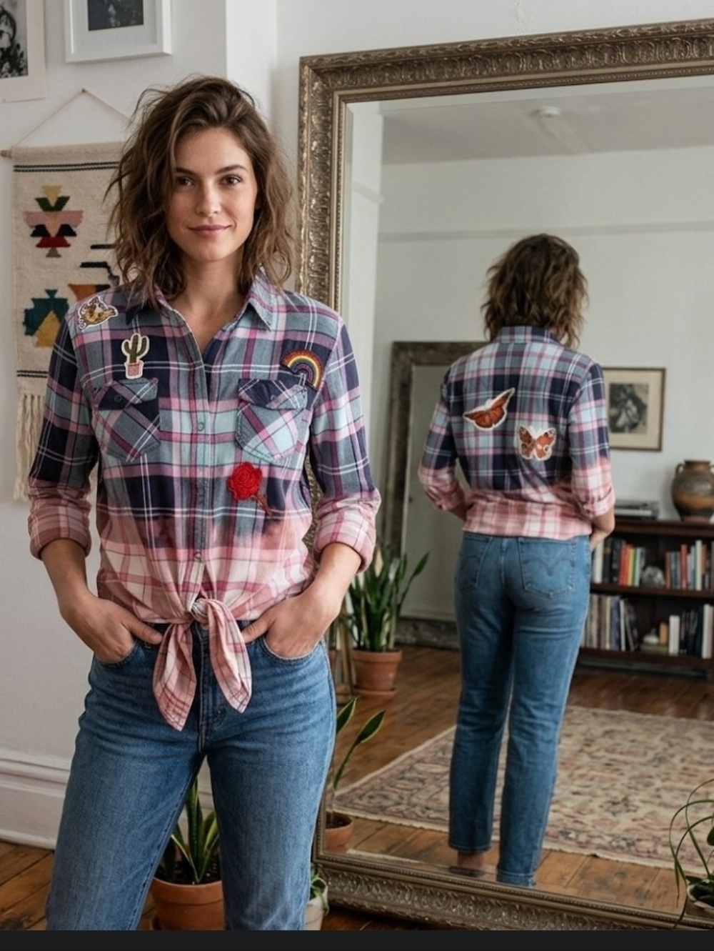 Bleach dip flannel plaid Shirt S upcycled appliqued one of a kind
